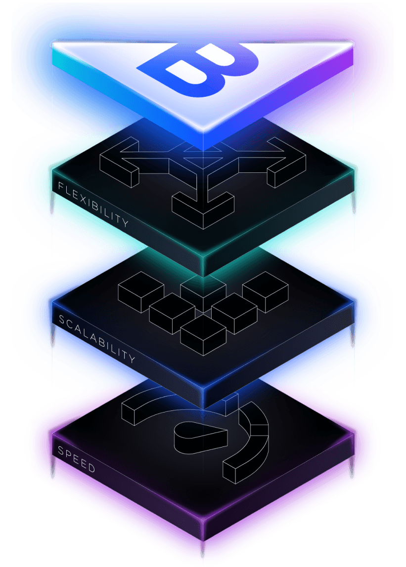 Illustratie Open SaaS-lagen, flexibiliteit, schaalbaarheid, snelheid, Bmark